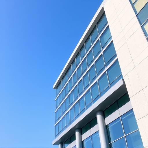 Architettura moderna di un edificio commerciale con un cielo blu brillante sullo sfondo.