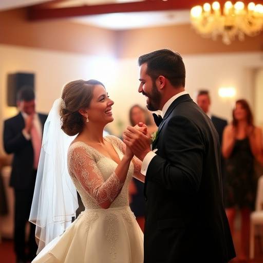 Coppia di sposi che balla nel loro ricevimento, circondati da amici e familiari sorridenti.