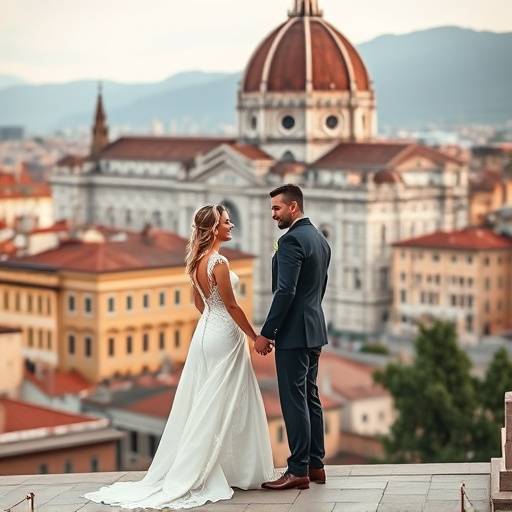 Coppia di sposi che si tengono per mano durante il loro matrimonio con sfondo del Duomo di Firenze.