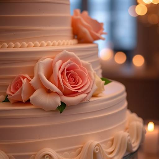 Dettaglio della torta nuziale elegantemente decorata, con luci soffuse che ne esaltano i dettagli.