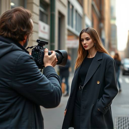 Fotografo che dirige un modello durante una sessione di moda in uno scenario urbano.