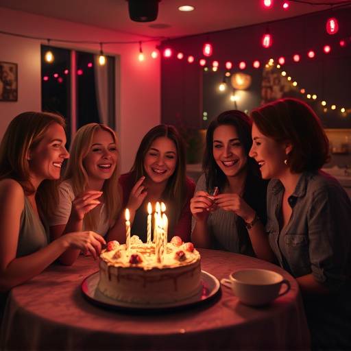 Gruppo di amici che festeggiano un compleanno in un locale con luci soffuse e torta.