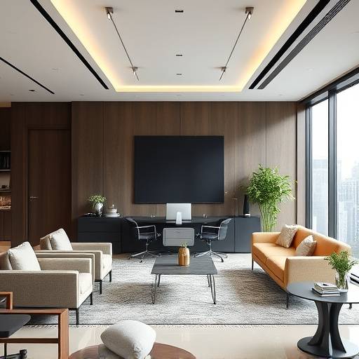 Interno moderno e luminoso di un ufficio di design con arredi eleganti.