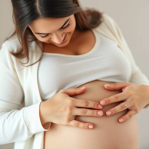 Mamma sorridente che accarezza dolcemente il pancione, illuminata da luce morbida.
