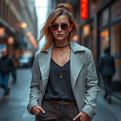 Modello che indossa un capo di abbigliamento alla moda in una scena urbana suggestiva.