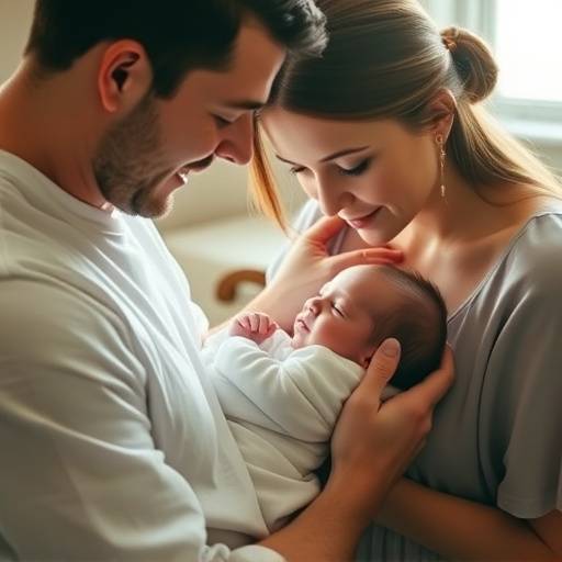 Momento di gioia durante un battesimo, con i genitori che tengono il neonato in braccio.