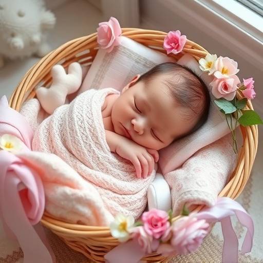 Neonato addormentato in una cesta decorata con morbidi tessuti e fiori.