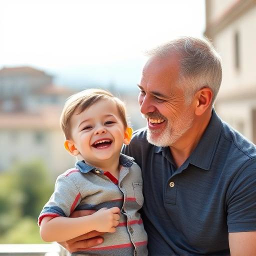 Padre e figlio che ridono insieme durante una sessione fotografica all'aperto a Firenze.