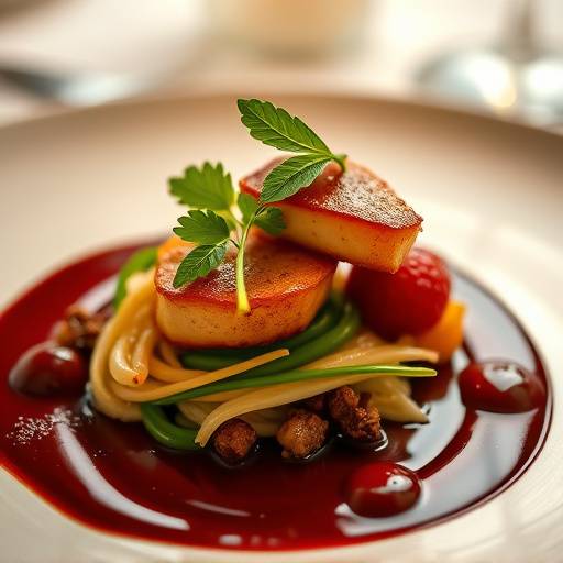 Primo piano di un piatto gourmet presentato con cura in un ristorante di lusso.