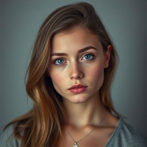Ritratto artistico di una giovane donna con espressione pensierosa in studio.
