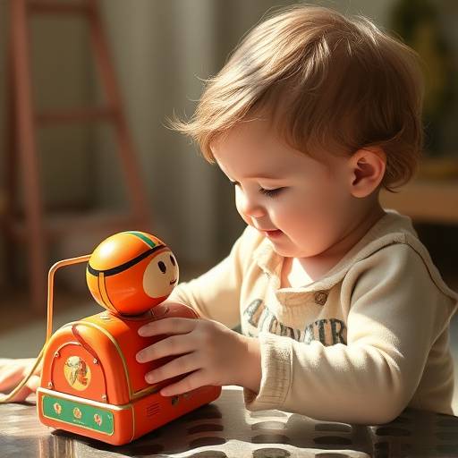 Ritratto di bambino che gioca con un giocattolo vintage, catturando l'innocenza e la gioia dell'infanzia.