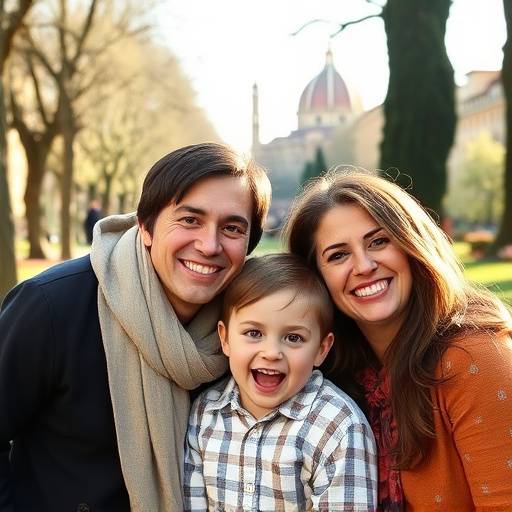 Ritratto di famiglia all'aperto in un parco fiorentino, con sorrisi genuini e interazioni affettuose.