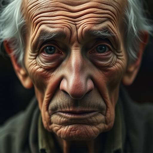 Ritratto di un anziano con rughe profonde che raccontano una vita di esperienze, con uno sguardo saggio.