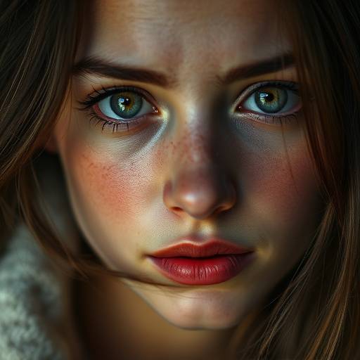 Ritratto di una giovane donna con espressione pensierosa, illuminata da una luce soffusa che esalta i dettagli del viso.