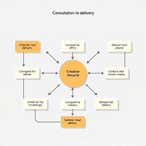 Schematic representation of the creative process from consultation to final delivery.