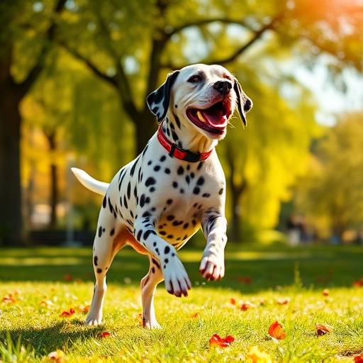 Un cane dalmata gioca felicemente in un parco in una giornata di sole.