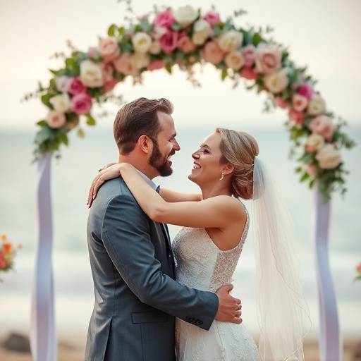 Un momento gioioso di un matrimonio, con gli sposi che si abbracciano sotto un arco fiorito.