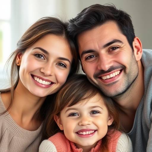 Un ritratto di una famiglia sorridente, illuminata da luce naturale morbida.