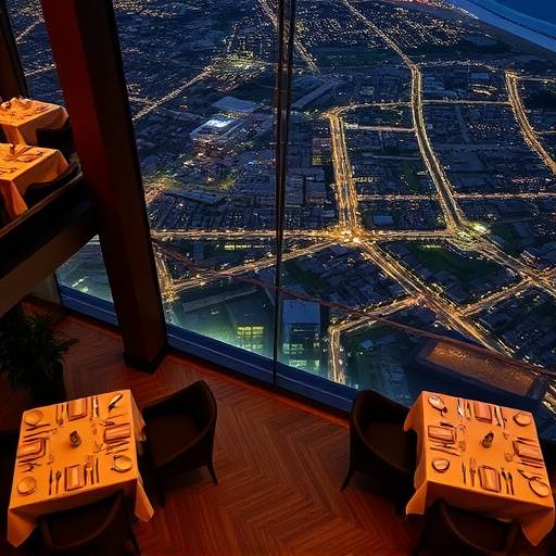 Vista aerea di un ristorante raffinato con tavoli apparecchiati e illuminazione accogliente.