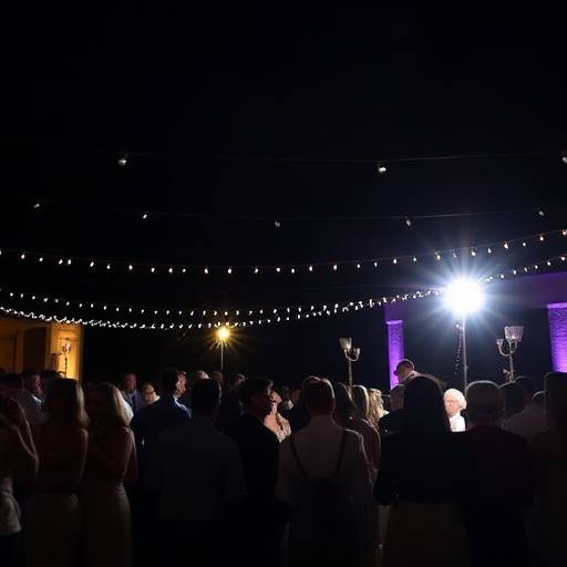 Vista notturna suggestiva di un ricevimento nuziale con luci scintillanti e silhouette di invitati.