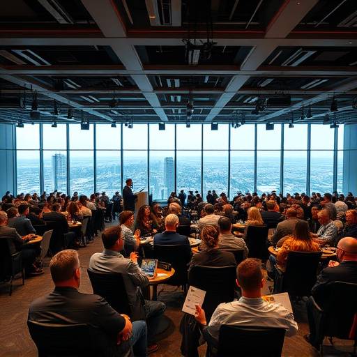 Vista panoramica di un grande evento aziendale con centinaia di partecipanti in una sala conferenze moderna.